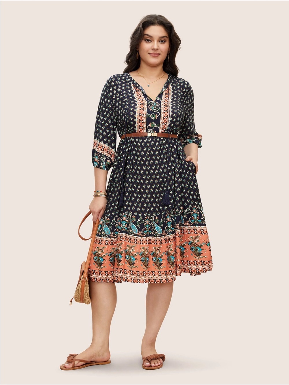 BloomChic 2XL Bandana Tassels Lantern Sleeve Ruffle Pocket Keyhole Neck Dress
